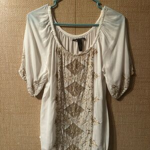 Lucky Brand White Blouse with Gold Embroidery